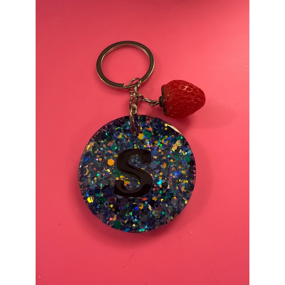 Handmade Resin Letter S Keychain Blue Holographic Glitter Strawberry Charm Acces